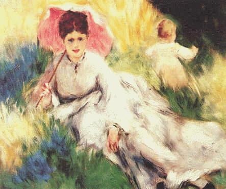 Woman with a Parasol and a Small Child on a Sunlit Hillside